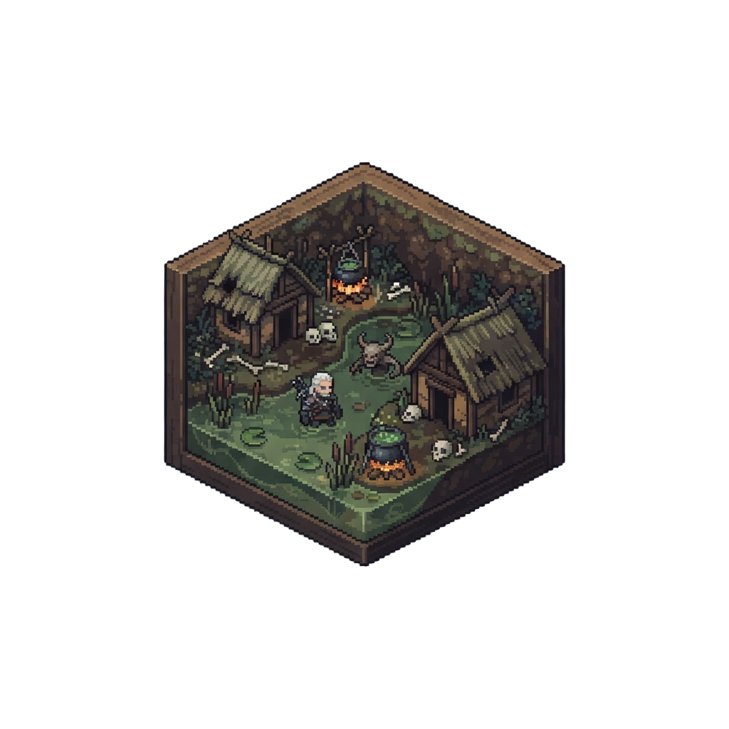 A Cubic the Witcher Monster Hunt Swamp Framed by Witch Huts and Cauldron Pots