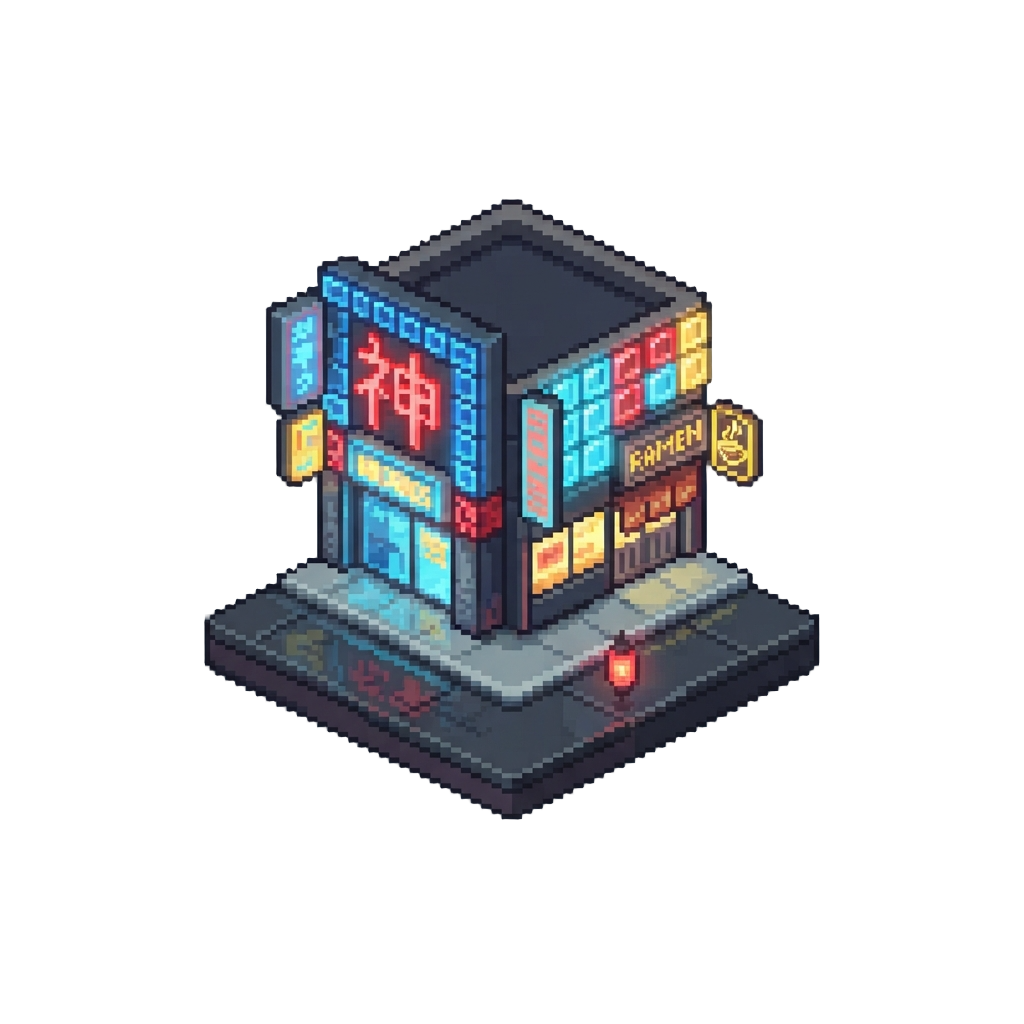 A Cubic Yakuza Kamurocho Street Lined with Glowing Neon Glass Blocks