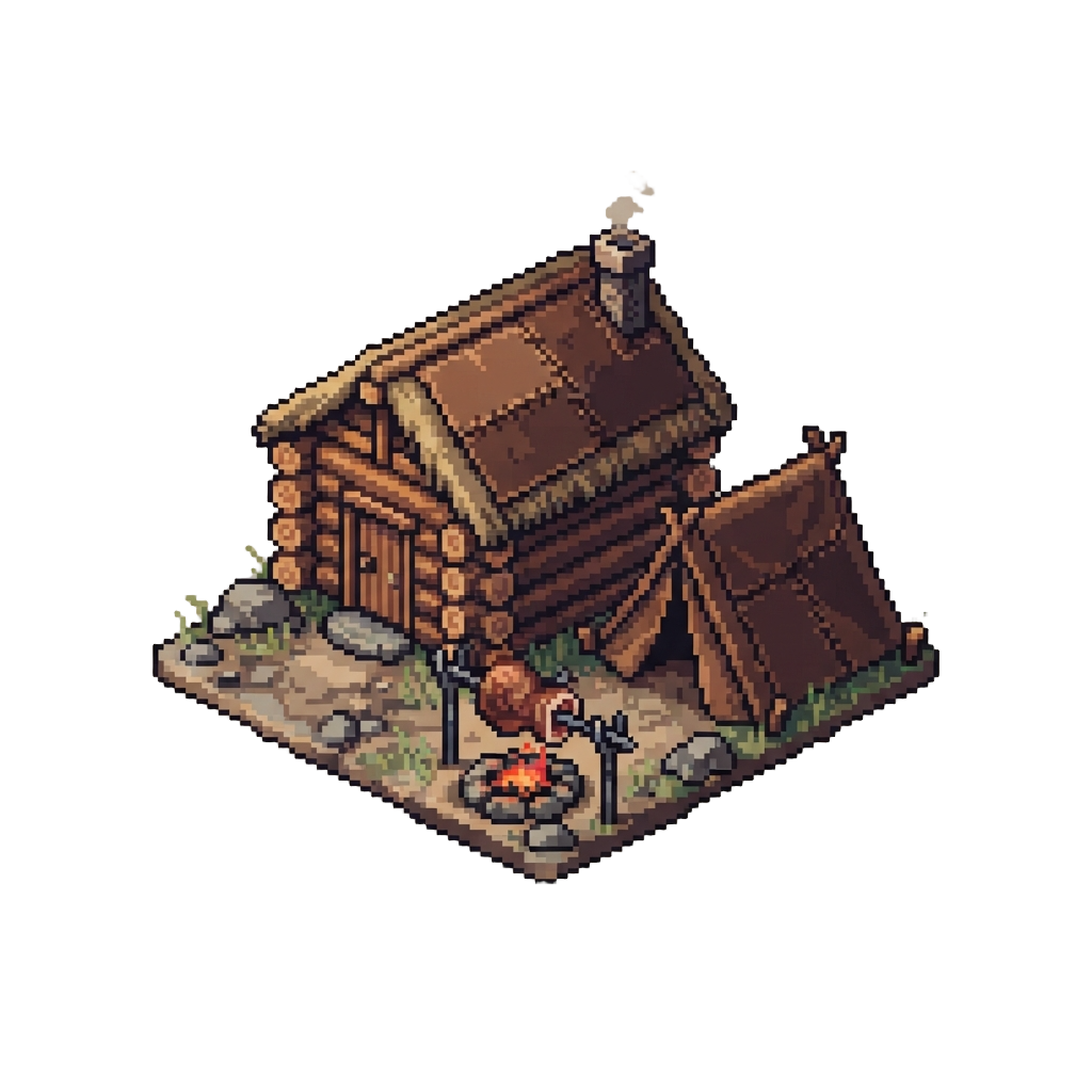A Voxel Monster Hunter Camp Built with Leather-covered Log Cabins and Spit Roasts