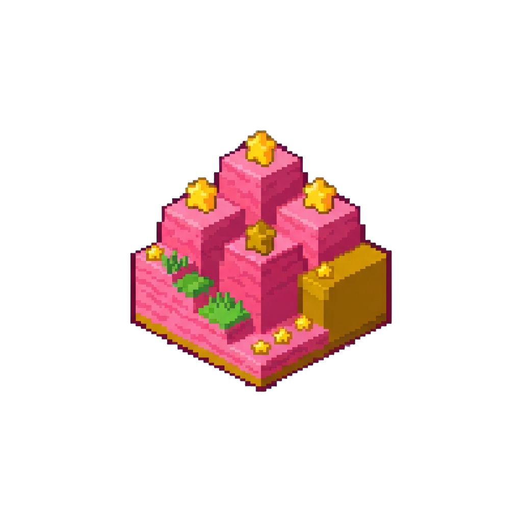 A Voxel Kirby Dream Land Hills Built From Pink Wool and Yellow Star Blocks