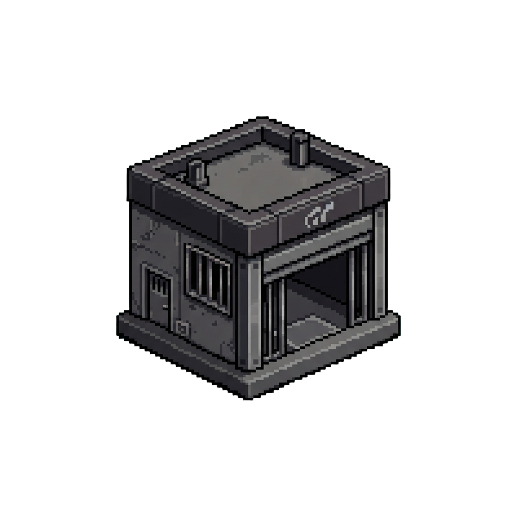 A Cubic Gran Turismo Pit Stop Built with Black Concrete and Iron Bars