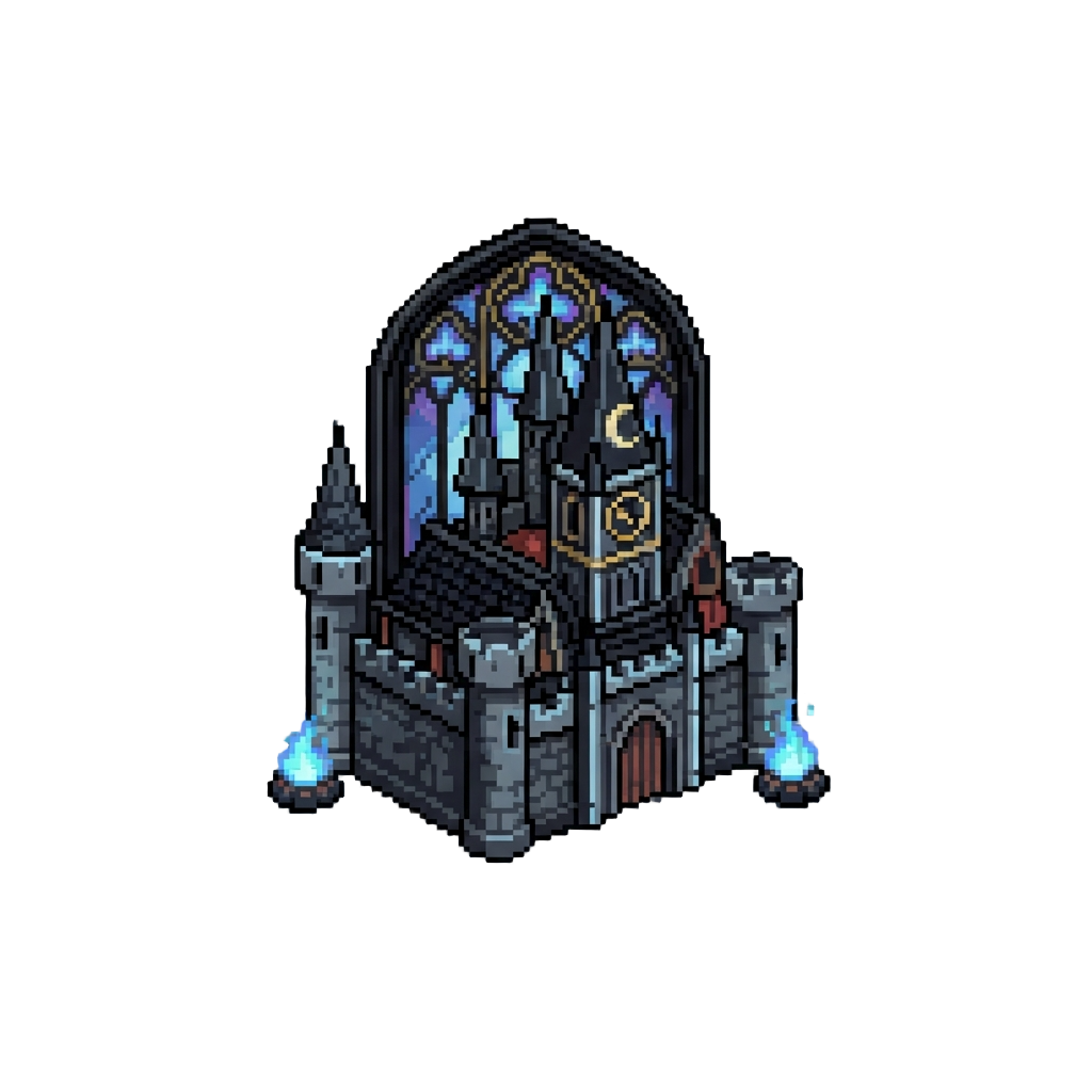 A Blocky Castlevania Gothic Castle Framed by Soul Campfires and Black Stained Glass