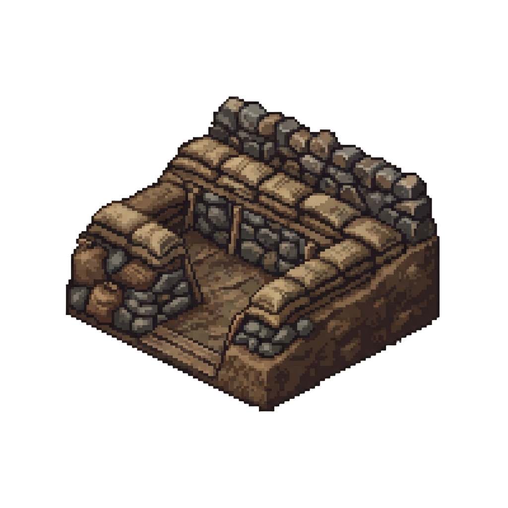 A Voxel Battlefield Trench Line Fortified with Dirt Bags and Stone Walls