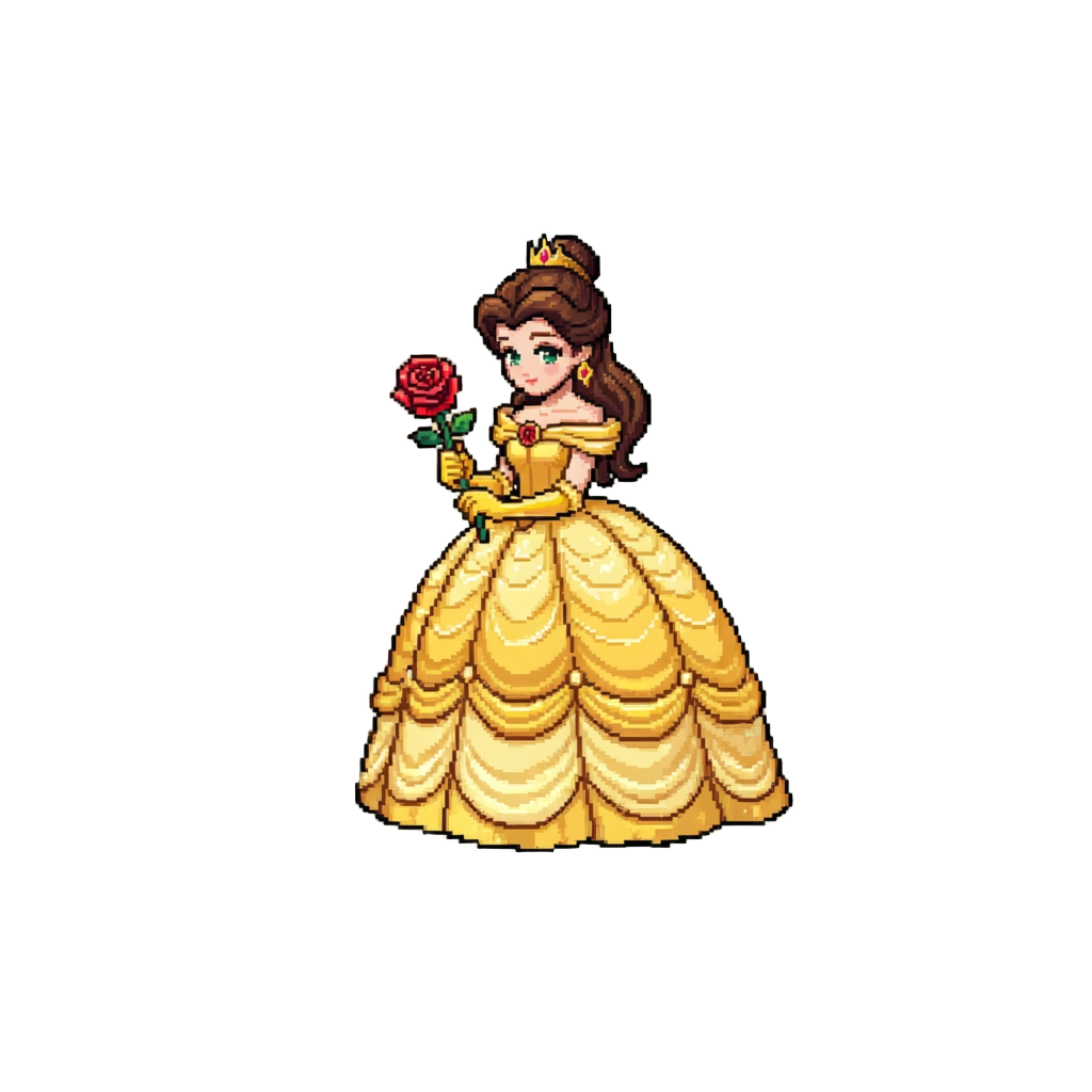 Princess Belle in a Golden Ballgown with a Glowing Red Rose, Bowing Gracefully Saying "i Am Belle, Seeing Beauty Within!"