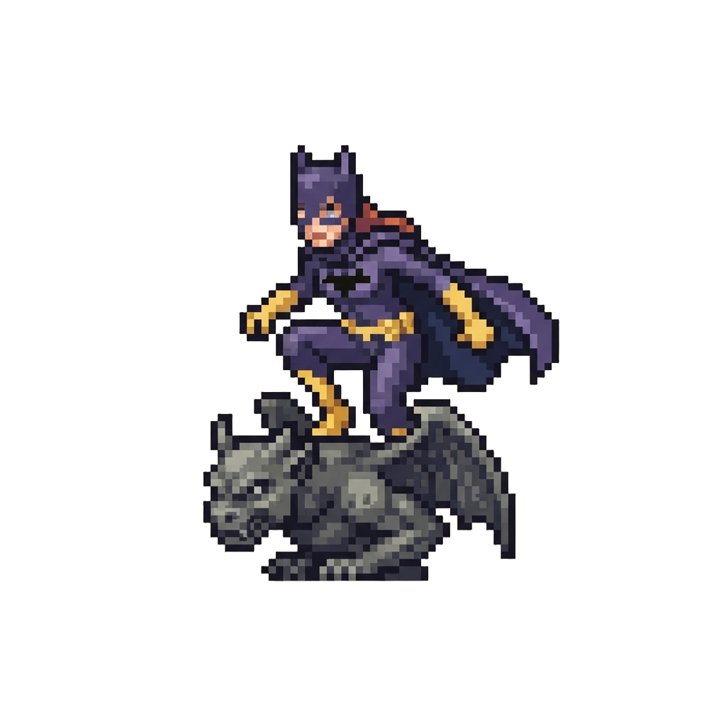 Batgirl in a Purple Cowl and Yellow Boots, Landing Atop a Gargoyle Saying "i Am Batgirl, Protector of Gotham!"