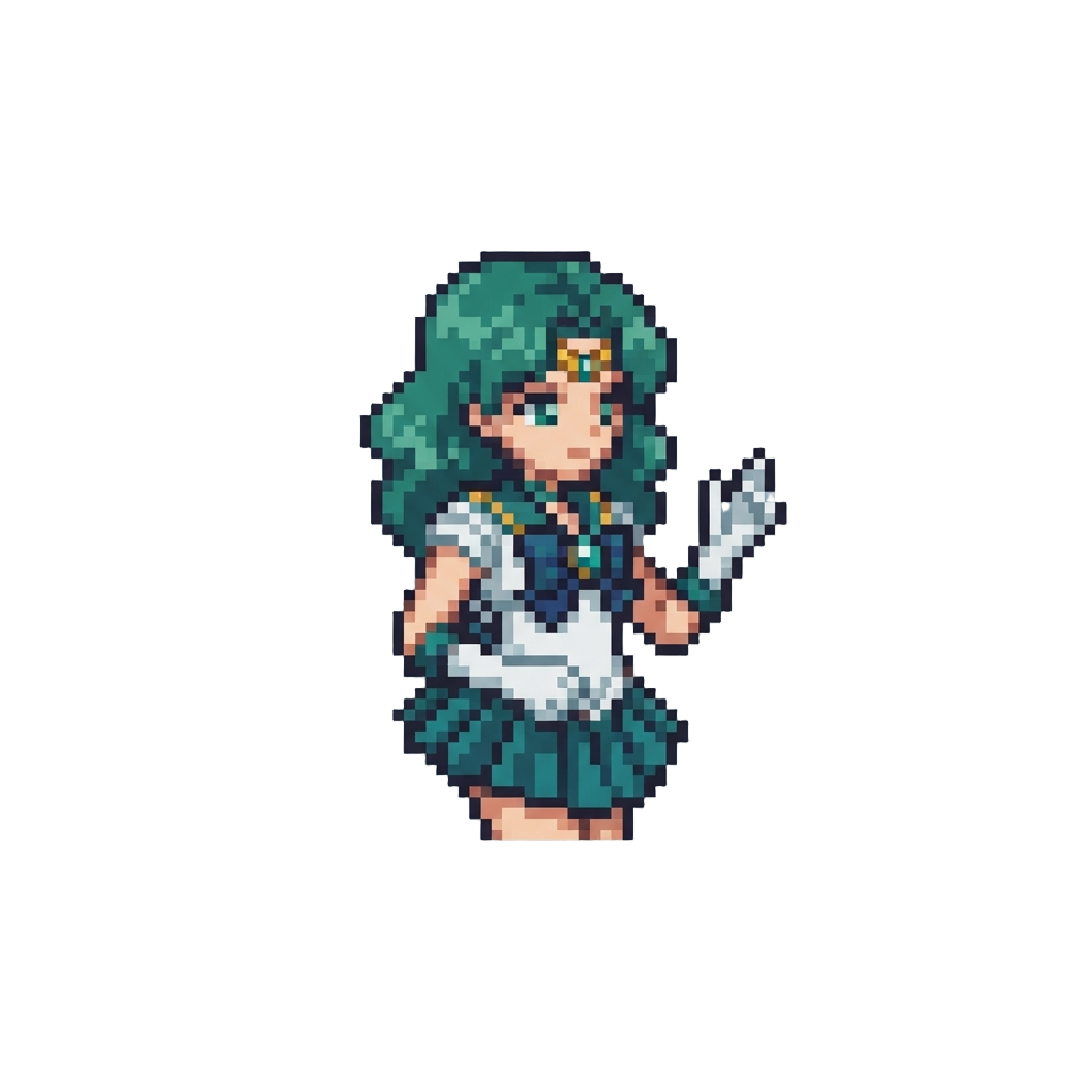 Sailor Neptune with Deep Sea Green Wavy Hair and Elegant Pose, Saying "i Am Sailor Neptune! Deep Ocean Grace!"