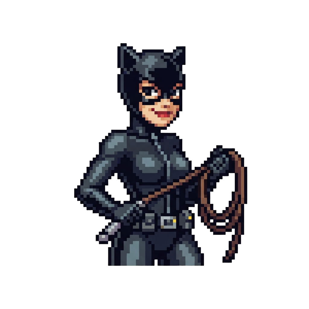 Catwoman in a Sleek Black Cowl and Leather Suit Holding a Whip, Smirking Saying "i Am Catwoman, Ruler of the Night!"