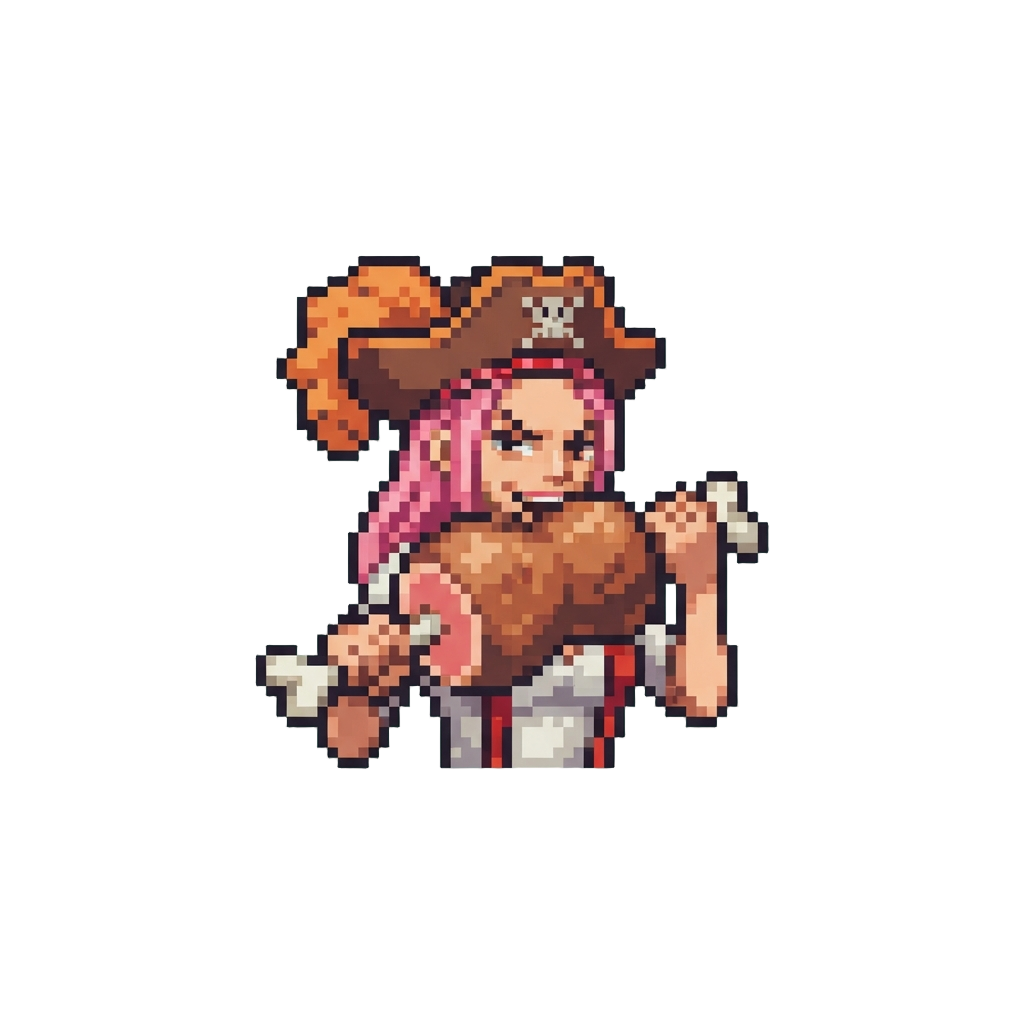 Jewelry Bonney in a Pirate Hat and Suspenders Munching on a Giant Meat Bone, Smirking Saying "i Am Bonney! Never Tell Me What to Eat!"