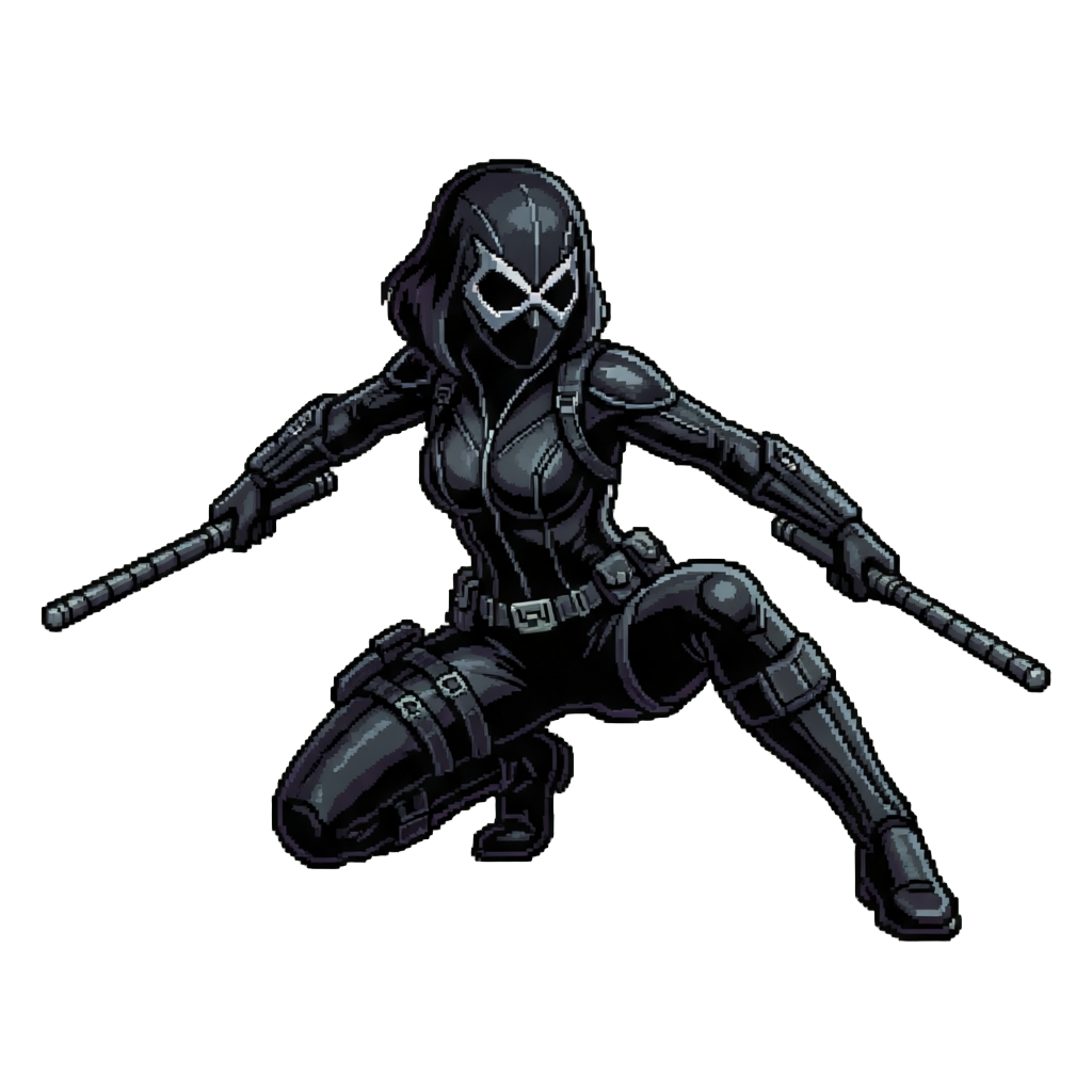 Black Widow in a Sleek Tactical Black Suit with Glowing Batons, Landing in a Three-point Stance Saying "i Am Black Widow! Ready for Action!"