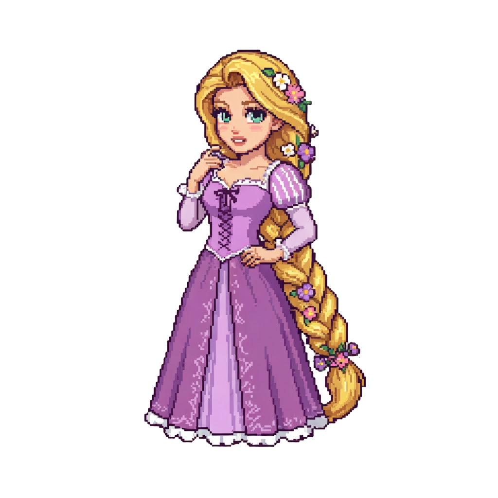 Princess Rapunzel in a Lavender Gown with Long Braided Hair Woven with Flowers, Glowing Softly Saying "i Am Rapunzel, Letting My Light Shine!"