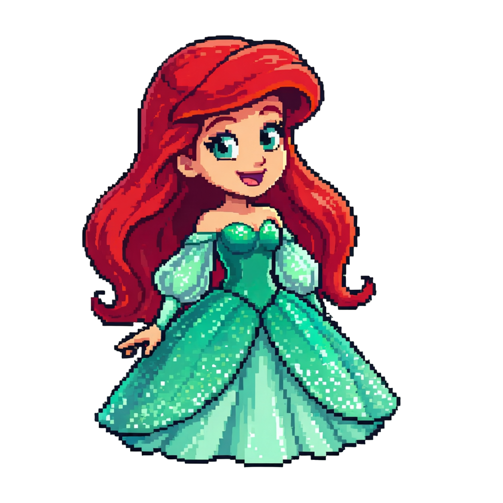 Princess Ariel in a Shimmering Emerald Gown with Long Flowing Red Hair, Smiling Brightly Saying "i Am Ariel, Ready to Explore the World!"