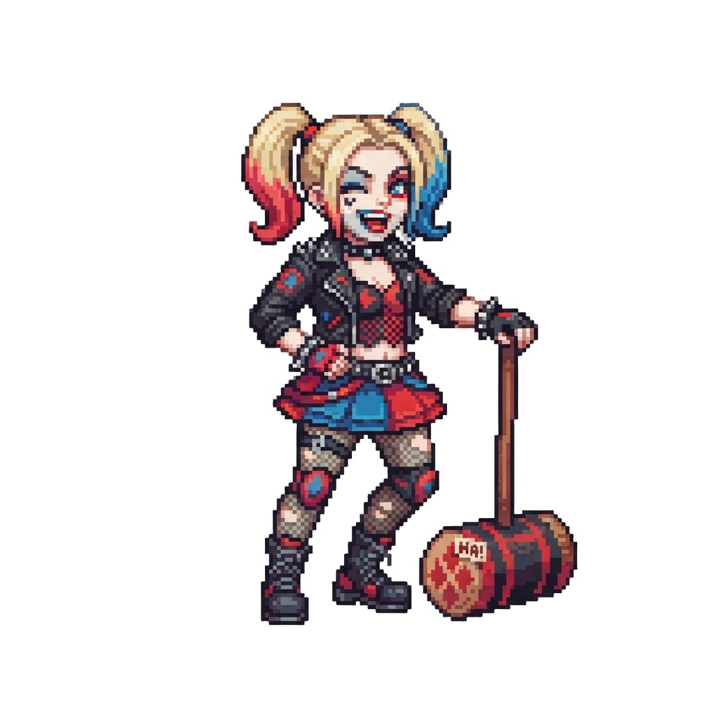Harley Quinn in a Colorful Punk-rock Outfit with a Mallet, Grinning Cheekily Saying "i Am Harley Quinn, Ready to Play!"