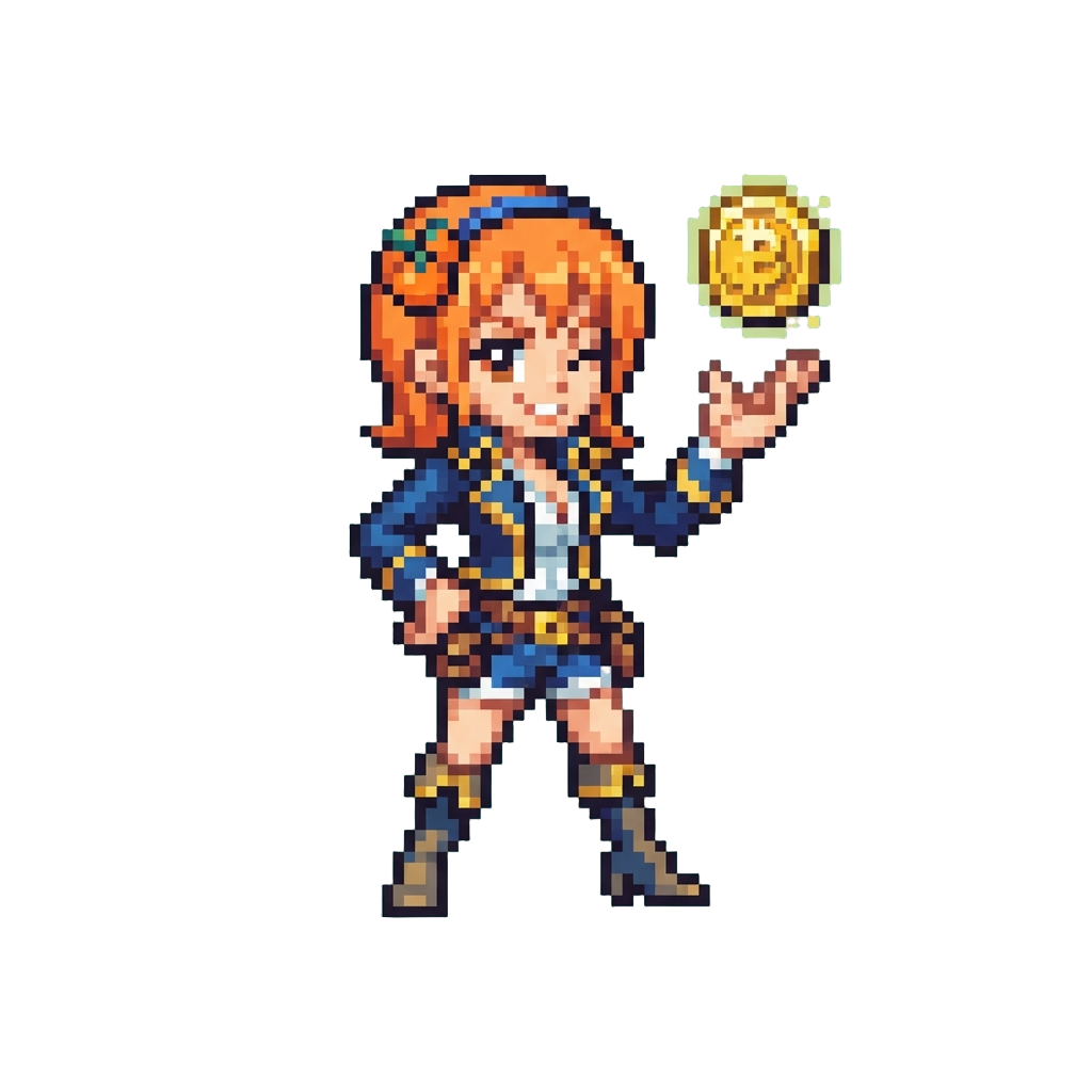 Nami in a Stylish Orange-and-blue Pirate Outfit Winking While Tossing a Golden Berry Coin, Saying "i Am Nami! I Love Tangerines and Money!"