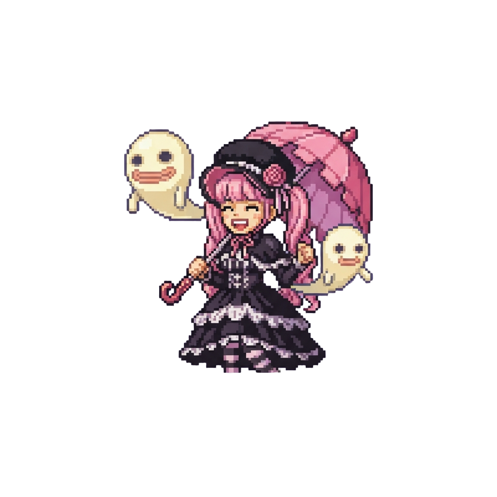 Perona in a Gothic Lolita Dress Holding a Pink Parasol with Floating Hollow Ghosts Around Her, Giggling "i Am Perona! Negative Ghosts, Attack!"
