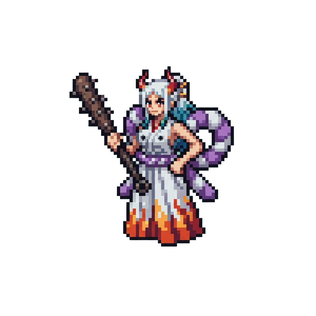 Yamato in a Sleeveless White Kimono with Giant Purple Rope Tasuki, Wielding a Kanabo Club Saying "i Am Yamato! I Will Set Sail Like Oden!"