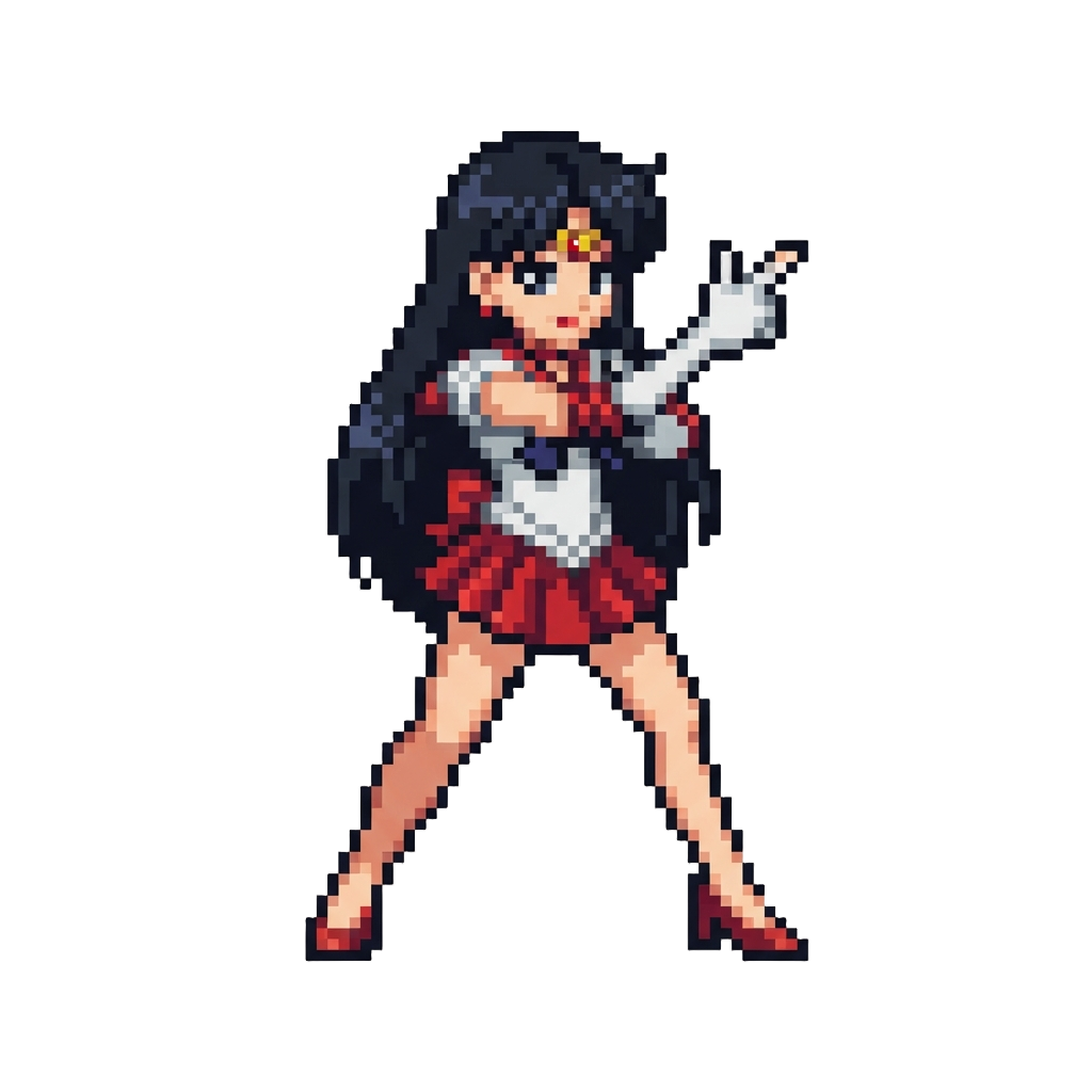 Sailor Mars with Long Black Hair and Red Heels, Striking a Priestess Pose Saying "i Am Sailor Mars! in the Name of Mars, I Will Chastise You!"