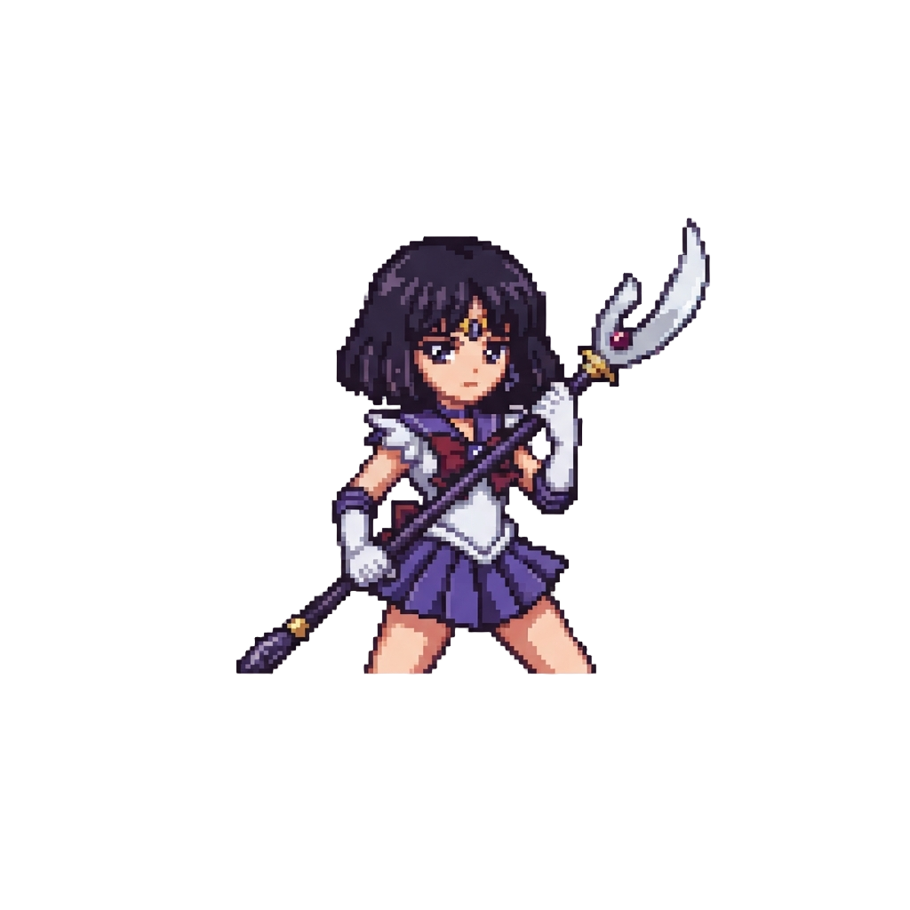 Sailor Saturn with Dark Bob Hair and Silence Glaive, Posing Dramatically Saying "i Am Sailor Saturn! Guardian of Destruction and Rebirth!"