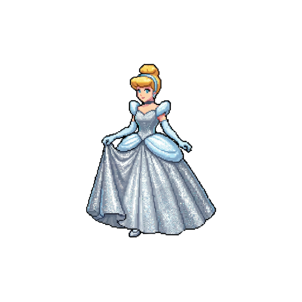 Princess Cinderella in a Shimmering Silver Ballgown with Glass Slippers, Posing Gracefully Saying "i Am Cinderella, Dreams Really Do Come True!"