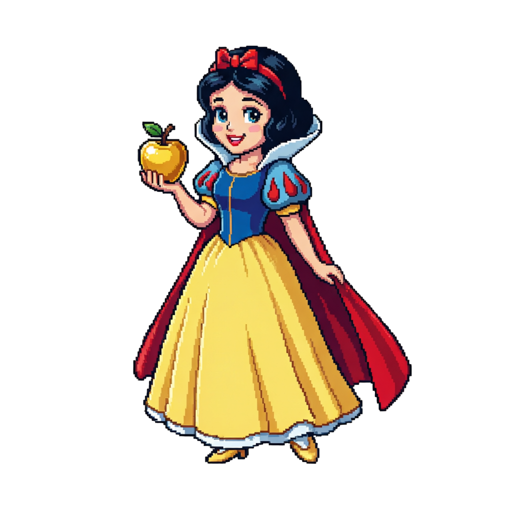 Snow White in Her Classic Red Yellow Blue Royal Gown, Holding a Golden Apple and Smiling Saying "i Am Snow White, the Fairest of Them All!"