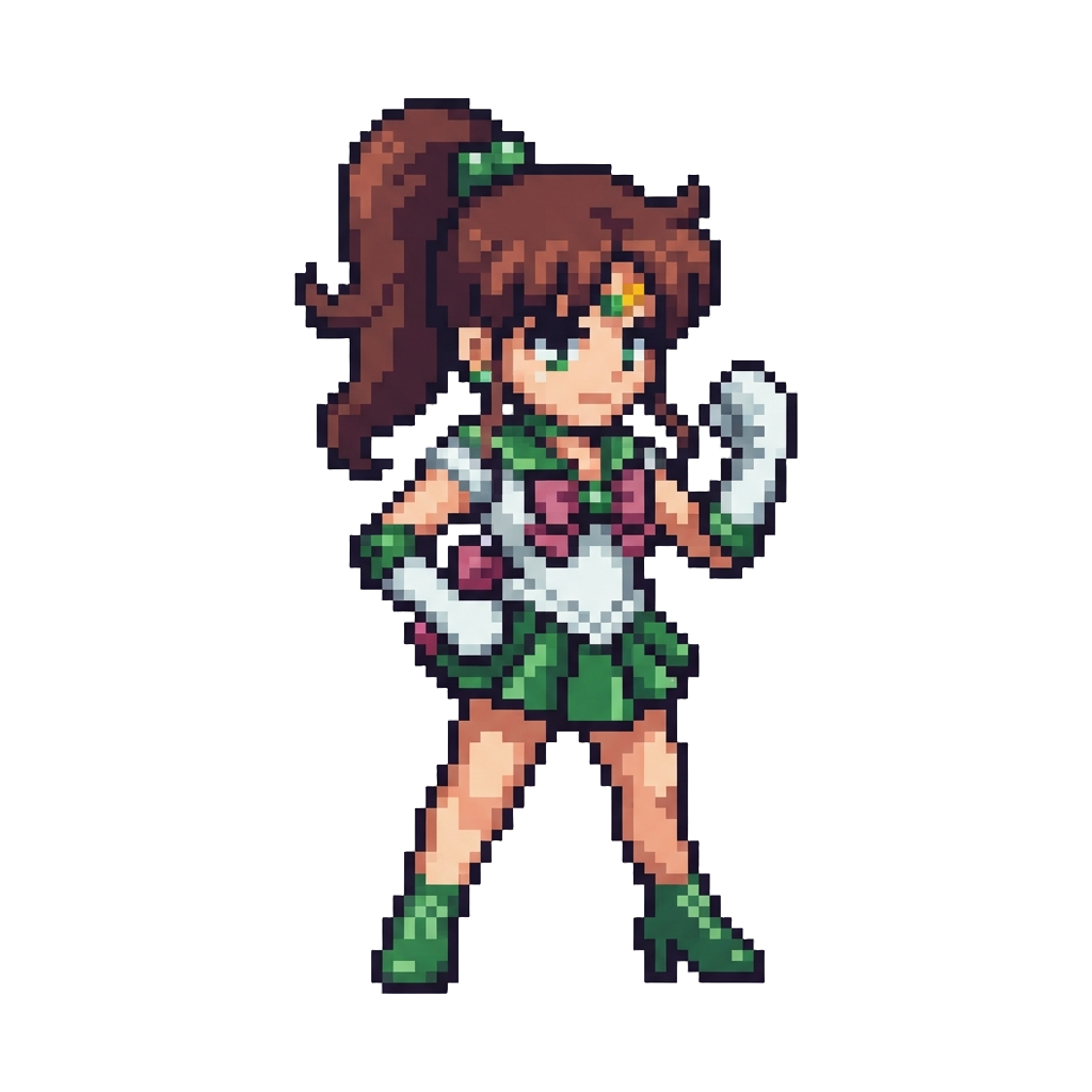 Sailor Jupiter with High Ponytail and Green Collar, Striking a Strong Stance Saying "i Am Sailor Jupiter! with Courage and Lightning!"
