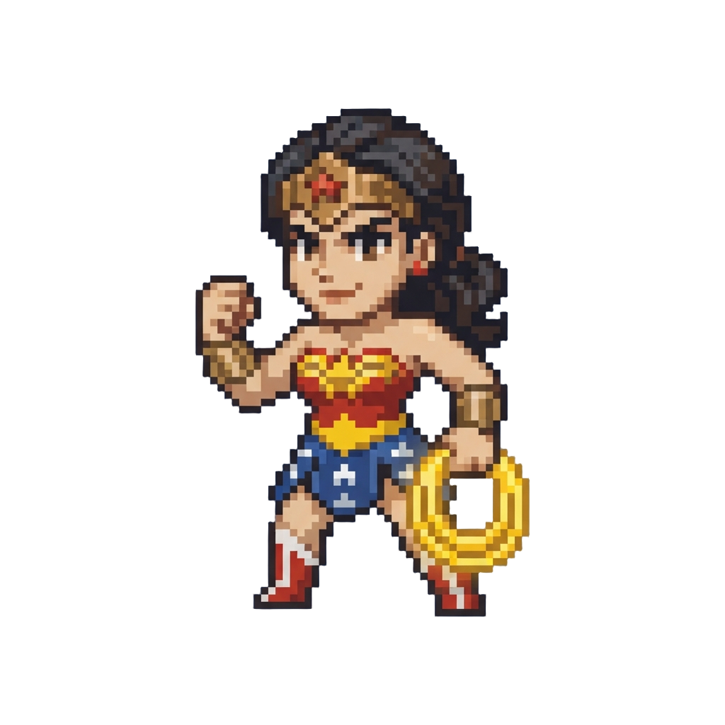 Wonder Woman in Glowing Bronze Tiara and Suit with Lasso of Truth, Posing Boldly Saying "i Am Wonder Woman, Champion of Justice!"