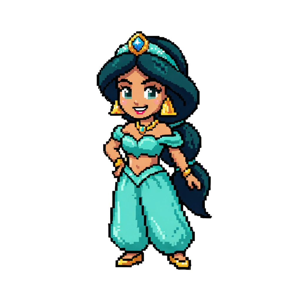 Princess Jasmine in a Teal Silk Outfit with a Sparkling Tiara, Smiling Boldly Saying "i Am Jasmine, Whole New World Ahead!"