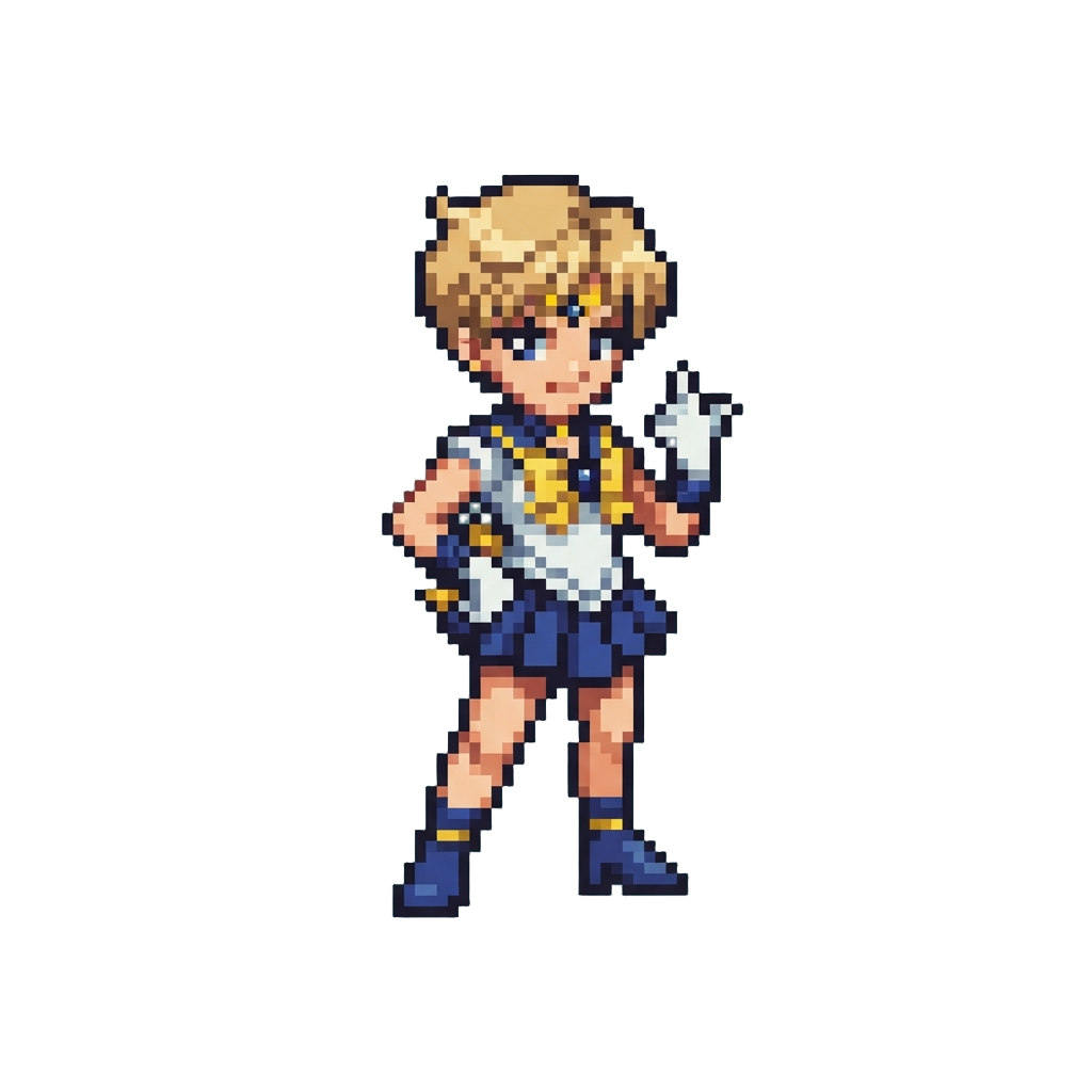 Sailor Uranus with Blonde Short Hair and Navy Collar, Posing Confidently Saying "i Am Sailor Uranus! World Shaking!"
