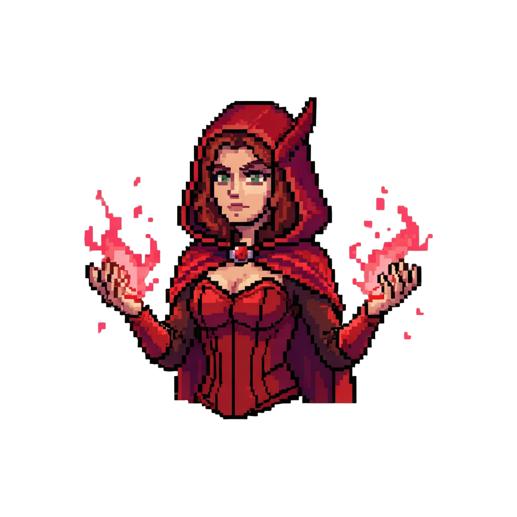 Scarlet Witch in a Red Corset Cape with Glowing Scarlet Energy Around Her Hands, Floating Gently Saying "i Am Scarlet Witch, Magic Is Reality!"