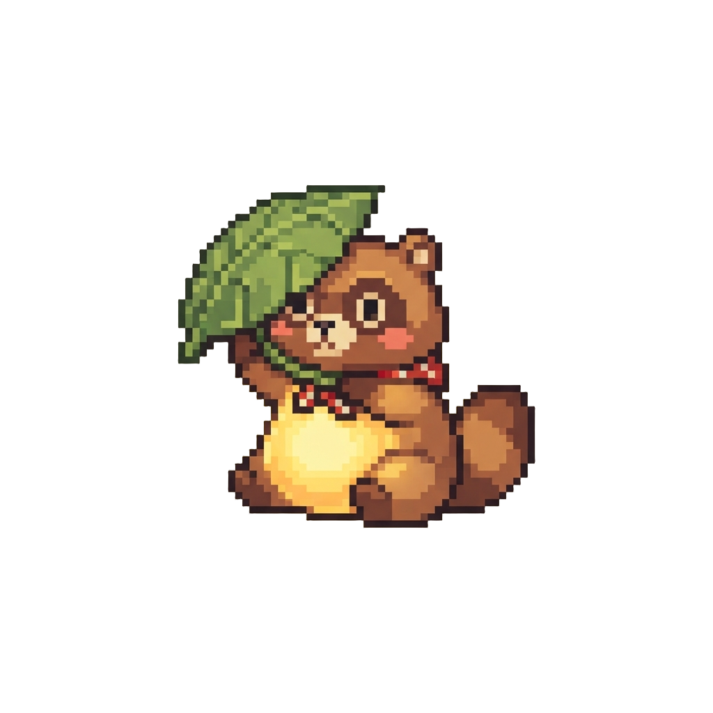 A Glowing Golden-bellied Tanuki Spirit Holding a Leaf Hat