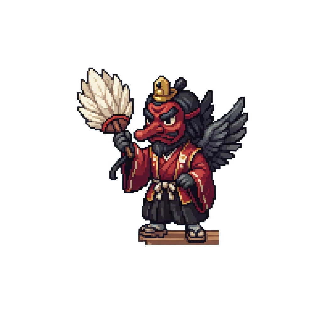 A Dramatic Tengu Crow Spirit Waving a Feather Fan