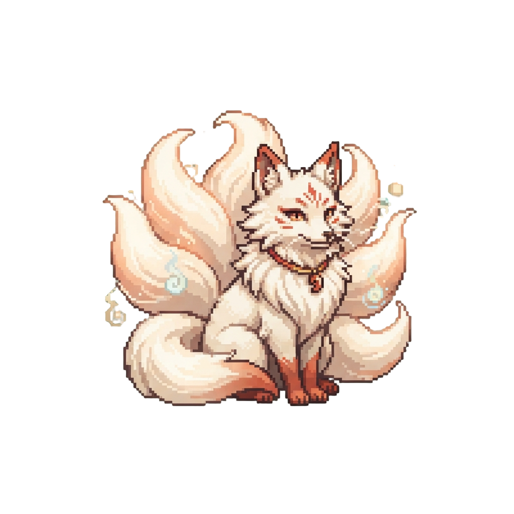 A Giant Fluffy Nine-tailed Kitsune Fox Spirit with Floating Spirits