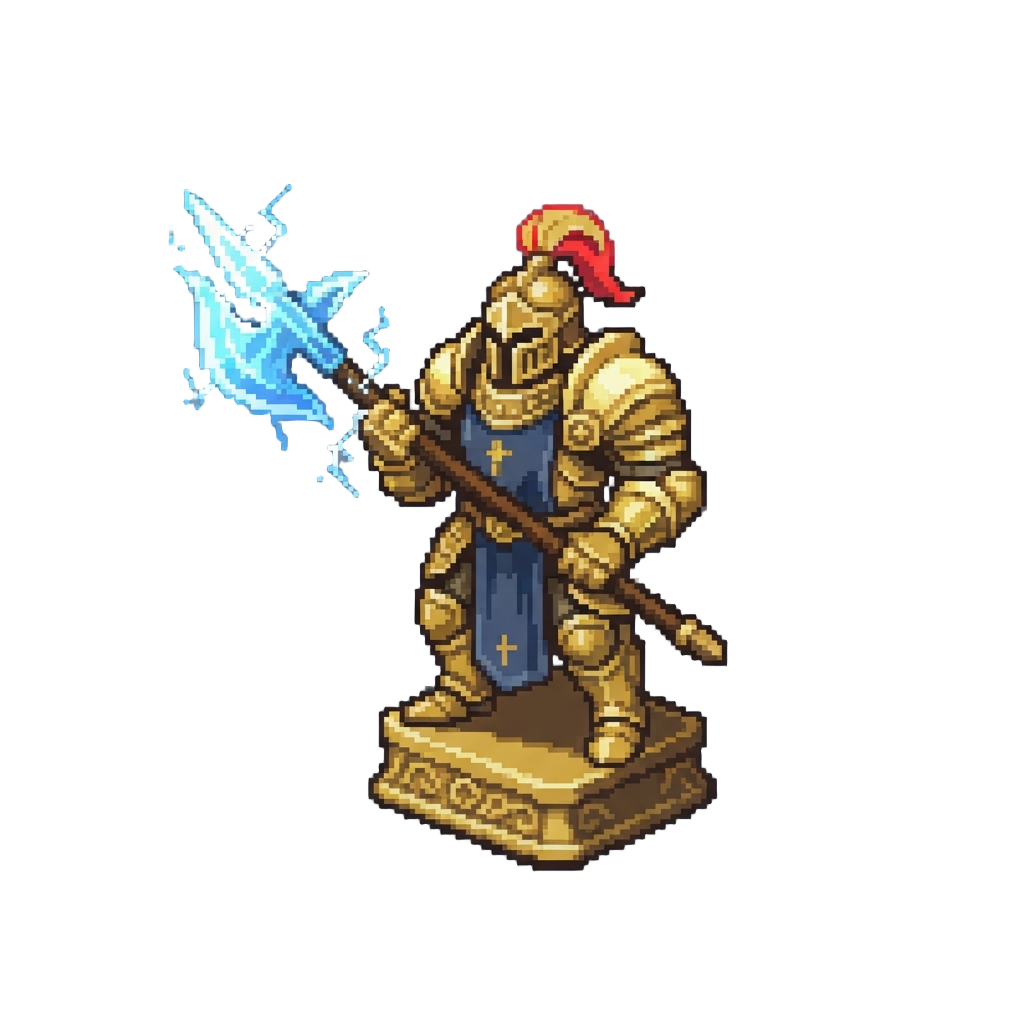 An Ornate Gilded Paladin Statue Brandishing a Crackling Spectral Halberd