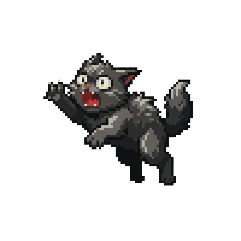 A Scruffy Miniature Black Cat Screeching Mid-air with Wide Cartoon Eyes