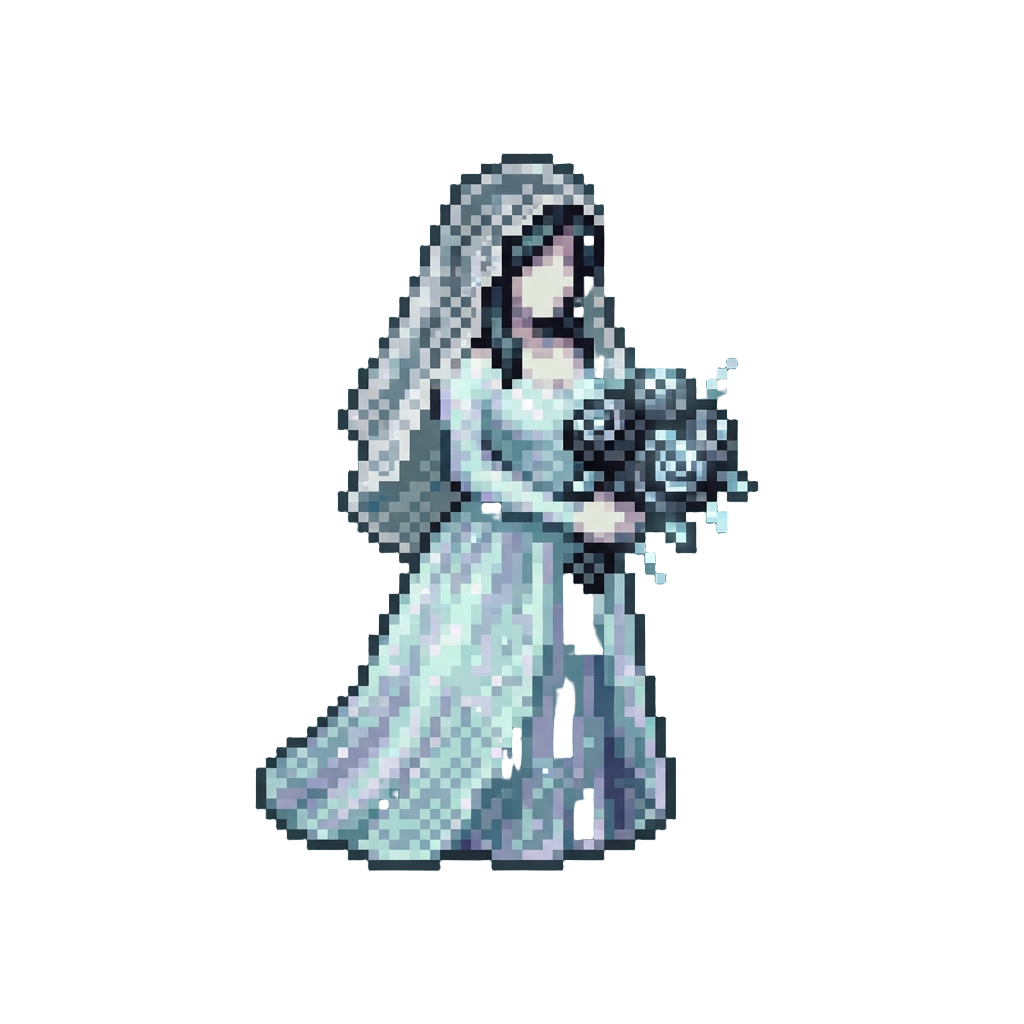 A Spectral Victorian Bride in an Iridescent Lace Gown Clutching a Bouquet of Glowing Phantom Black Roses