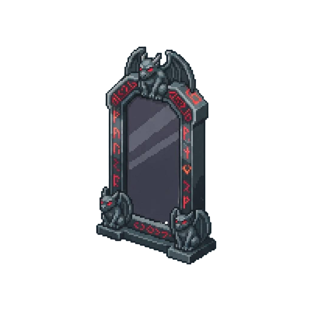 A Grand Floor-length Obsidian Mirror Framed by Carved Gargoyles with Glowing Crimson Runes