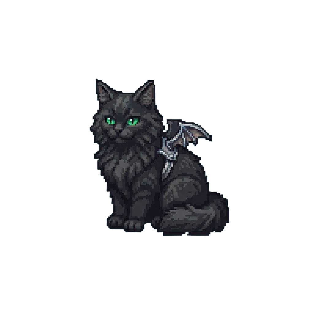 A Fluffy Black Maine Coon Cat with Piercing Emerald Eyes and a Miniature Silver Bat-wing Harness