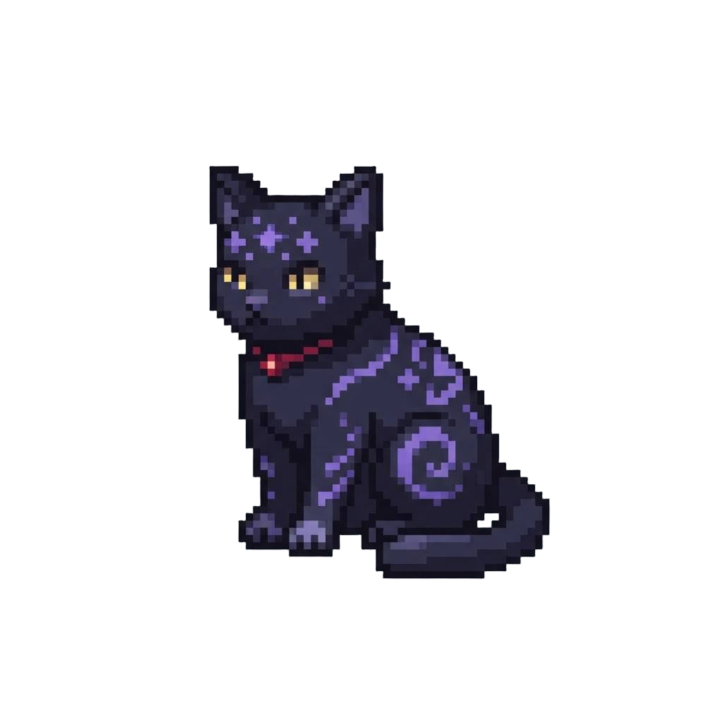 A Mystical Black Cat with Glowing Purple Celestial Markings and a Tiny Ruby Collar