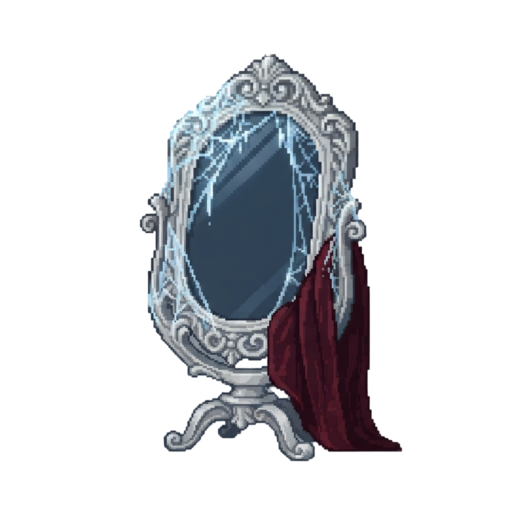 An Ornate Silver Baroque Cheval Mirror Draped in Glowing Cobwebs and Velvet