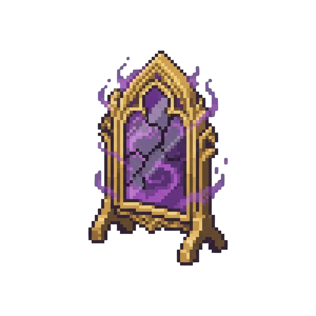 A Cracked Gothic Gold-leaf Standing Mirror Floating with Swirling Purple Spectral Mist