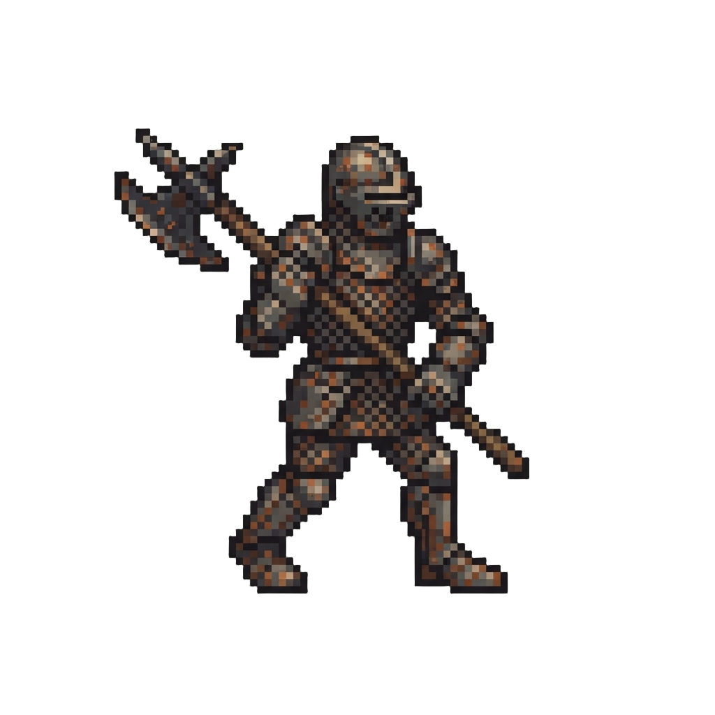 A Rusted Chainmail Sentry Statue Clanking Forward with a Tarnished Poleaxe