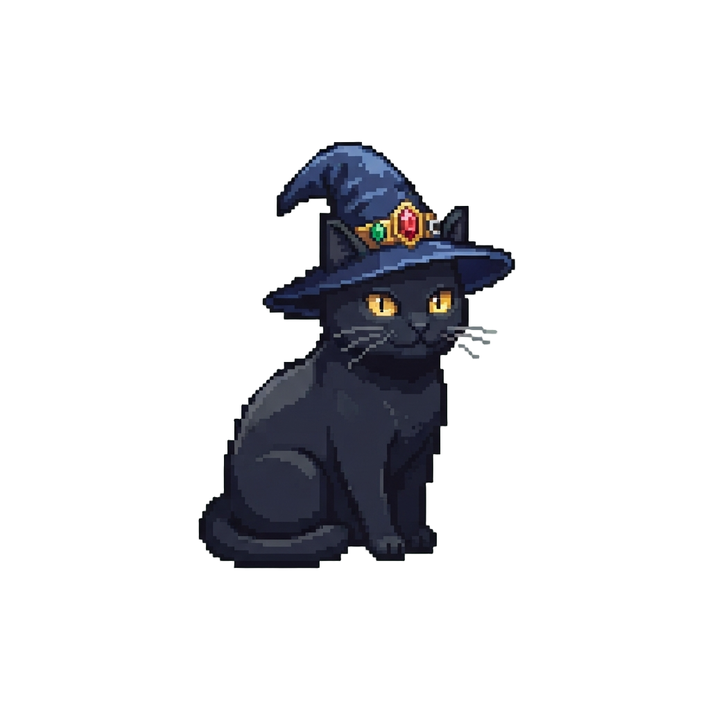 A Sleek Midnight-black Cat with Blazing Golden Eyes Wearing an Ornate Jeweled Witch Hat