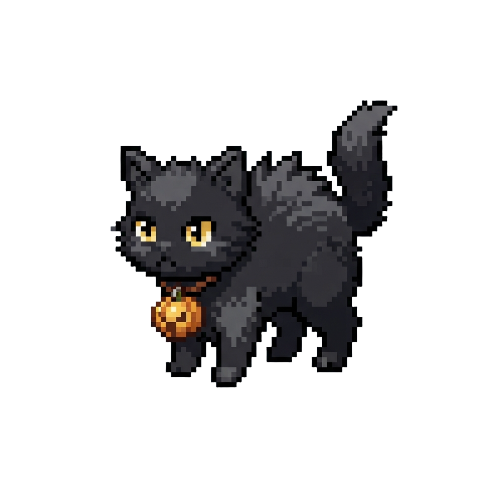 A Wide-eyed Fluffy Bombay Kitten with Arched Back and Bristling Fur Wearing an Amber Pumpkin Bell
