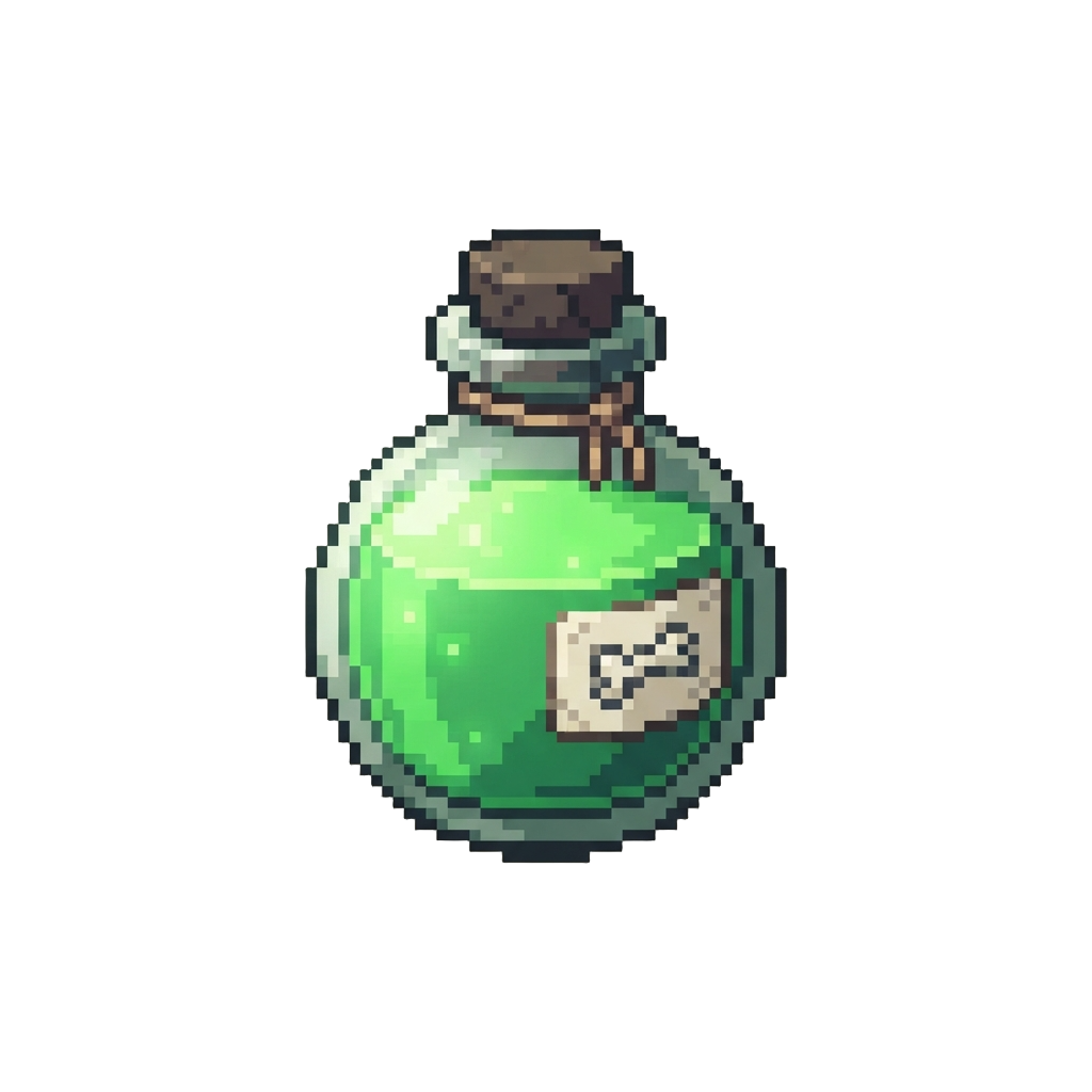 A Glowing Green Mystery Potion Bottle Labeled with a Cartoon Bone Logo