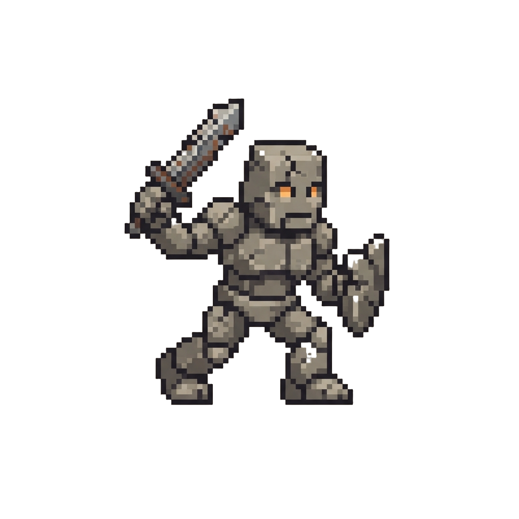 A Chipped Stone Guardian Statue Lumbering Forward with a Cracked Shortsword