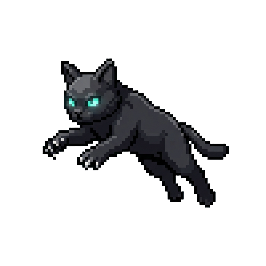 A Sleek Black Cat with Glowing Turquoise Eyes Leaping with Claws Outspread
