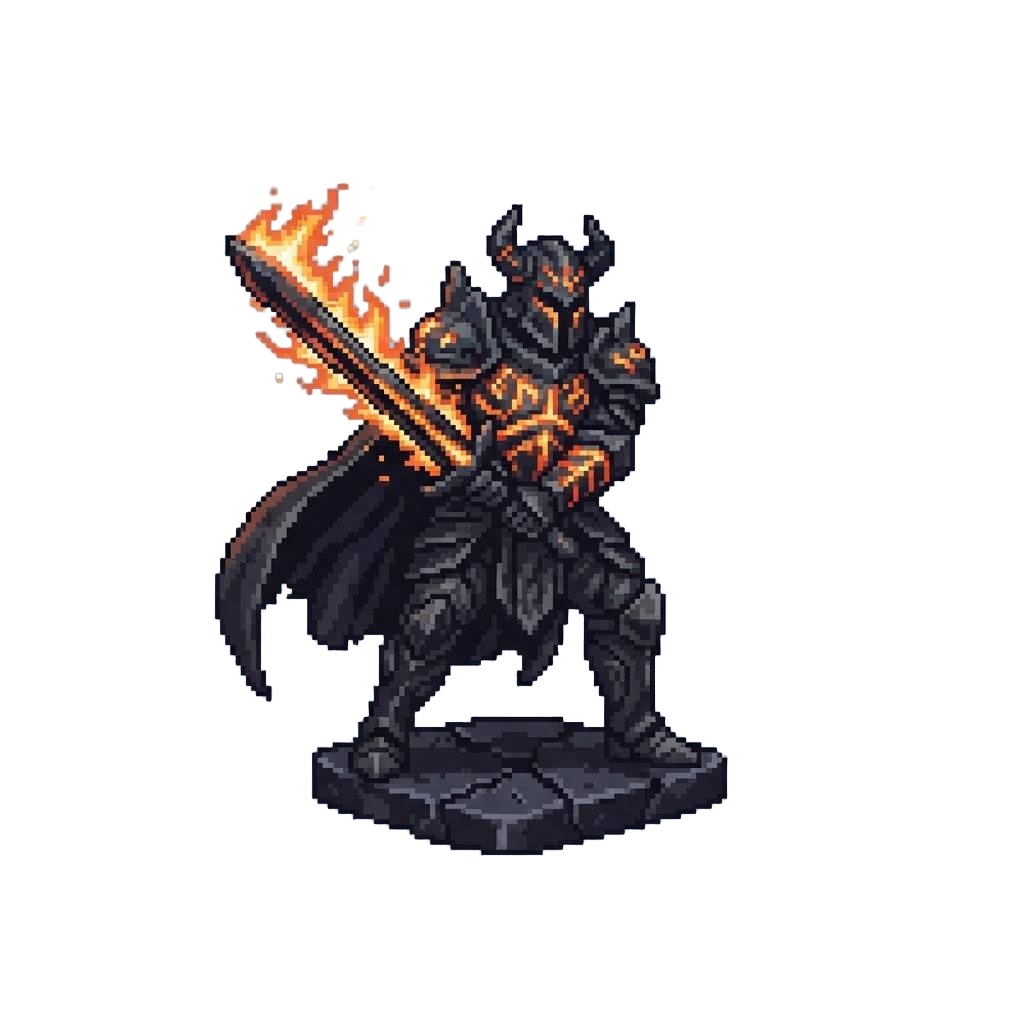 A Towering Obsidian Knight Statue Glowing with Molten Runes and Swinging a Flaming Greatsword
