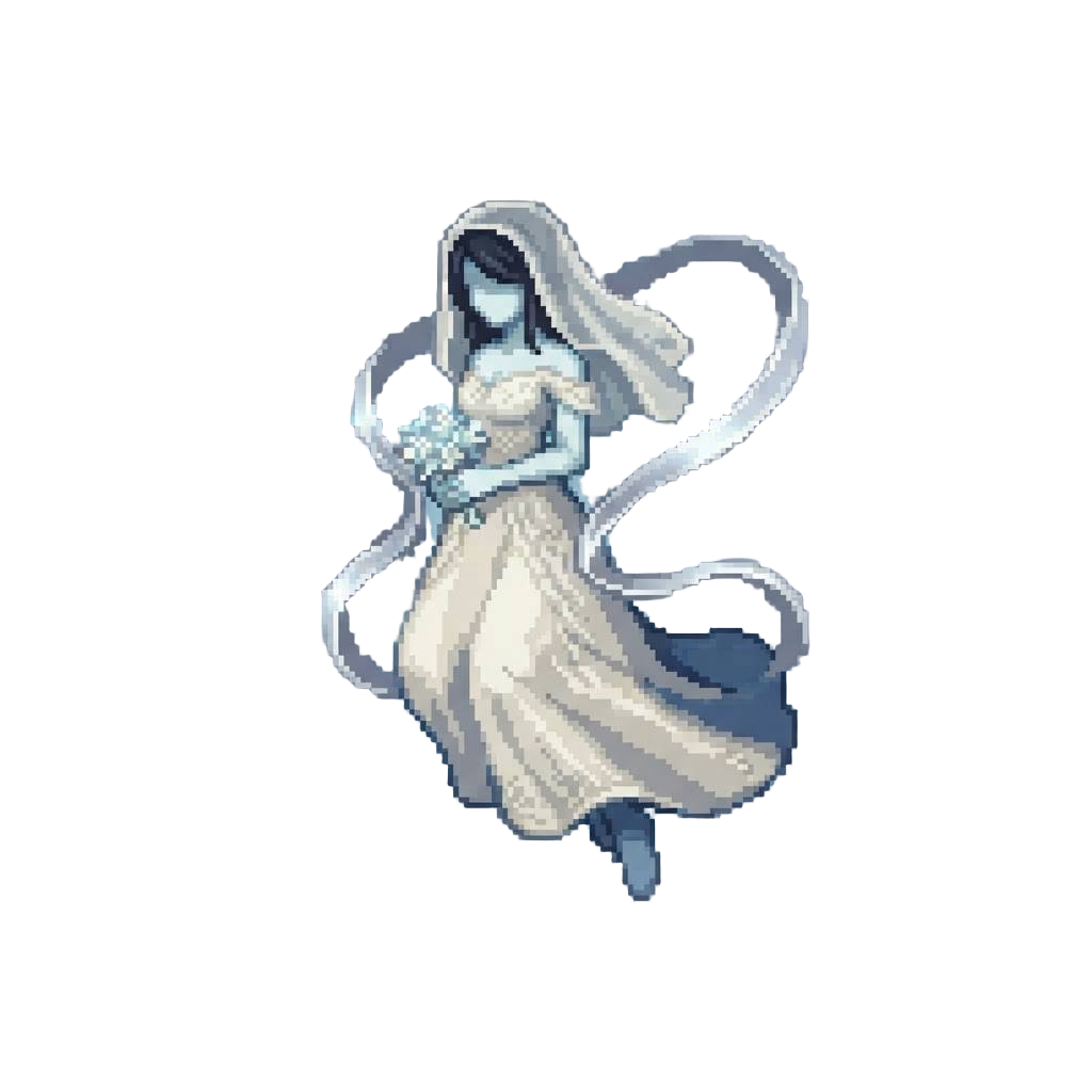 A Floating Phantom Bride in an Embroidered Ivory Silk Dress with Glowing Spectral Silver Ribbons