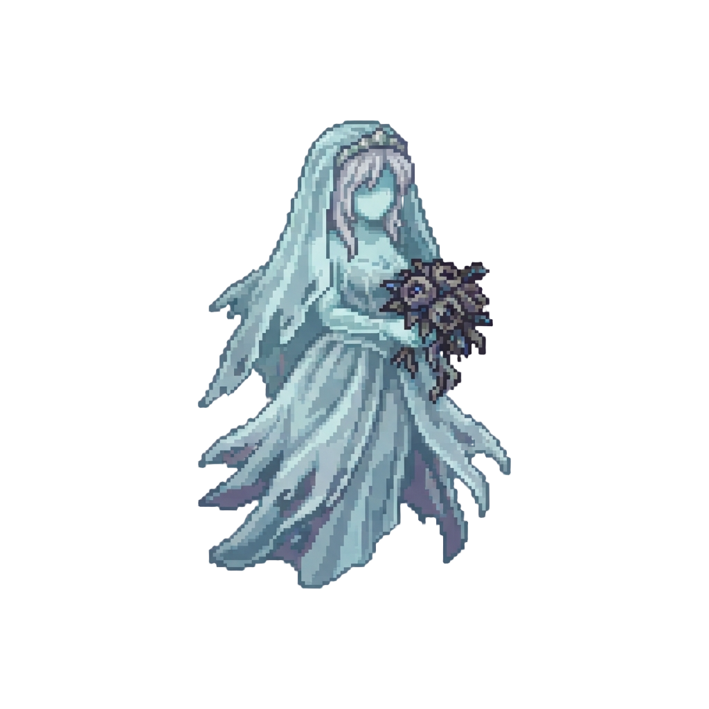A Shimmering Ghost Bride in a Tattered Tulle Gown Holding a Withered Phantom Corsage