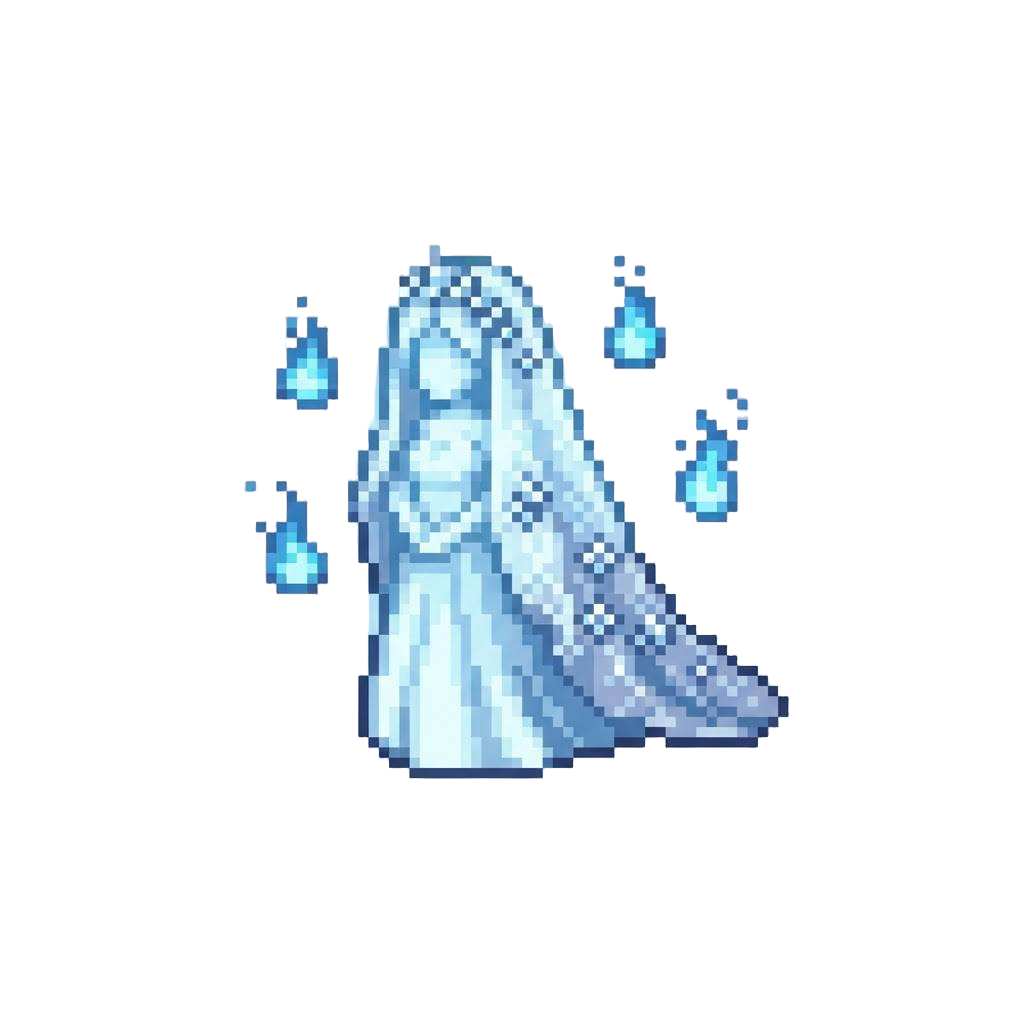 A Glowing Ethereal Bride in a Trailing Diamond-encrusted Veil Surrounded by Floating Ghostly Blue Flames