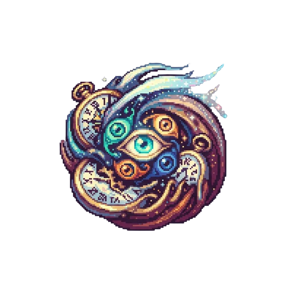 A Swirling Vortex of Colossal Glowing Eyes and Kaleidoscope Pocket Watches Melting Into Stardust